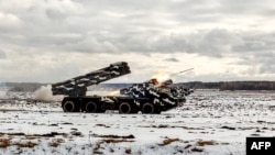 A Smerch rocket-launcher system is shown during joint exercises of the armed forces of Russia and Belarus at a firing range near Brest.