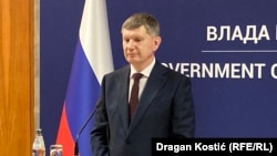 Serbia- Russian Minister of Economic Development Maxim Reshetnikov speaks during a news conference in Belgrade, March 20, 2026.