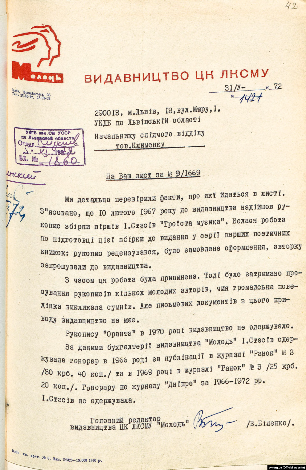 Лист головного редактора ЦК ЛКСМУ «Молодь» Біленка – голові слідчого відділу УКДБ Клименку щодо збірки віршів Ірини Калинець від 31 травня 1972 року