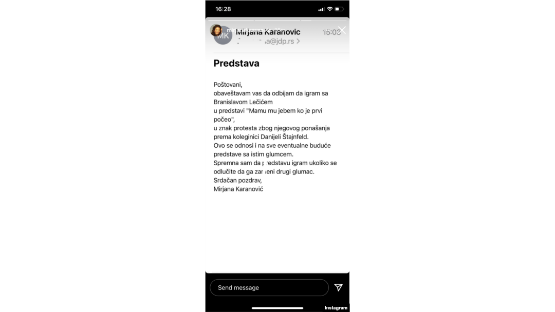 Objava koju je Mirjana Karanović podelila na svom Instagram storyju.