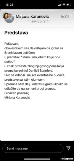 Objava koju je Mirjana Karanović podelila na svom Instagram storyju.