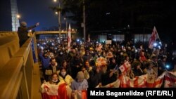 Protesters rally outside Georgia&#39;s public broadcaster on December 1 against the official results of the October 26 elections that the ruling party claimed to have won.