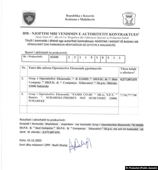 Dokument: Vendimi i komunës për dhënien e kontratës për "B Famis" dhe refuzimin e "Famis Co".