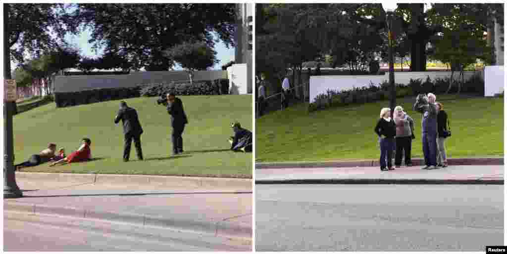 Left photo: Bill and Gayle Newman, civilian eyewitnesses with their children as photographers take pictures in Dealey Plaza after Kennedy was shot on November 22, 1963. Right photo: Visitors to Dealey Plaza taking a photo of the site with a tablet in 2013.