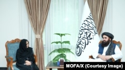اولین دیدار رباب فاطمه رئیس جدید یوناما با امیرخان متقی وزیر خارجه حکومت طالبان 