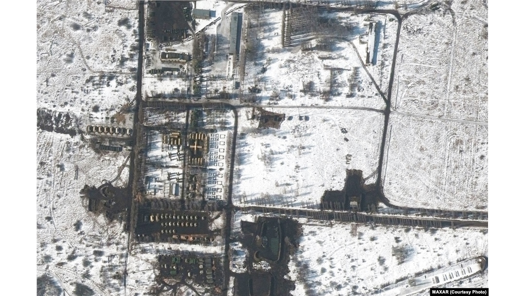 Satellite photos from February 21-22 appear to show Russia has again bolstered its military forces massed around Ukraine's borders. This image shows an overview of a field hospital and troop deployment in western Belgorod, Russia.