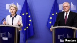 Եվրահանձնաժողովի նախագահ Ուրսուլա ֆոն դեր Լայեն և ԵՄ արտաքին քաղաքականության և անվտանգության հարցերով բարձր ներկայացուցիչ Ժոզեպ Բորել, Բրյուսել, 24-ը փետրվարի, 2022թ․