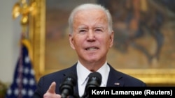 U.S. President Joe Biden speaks at the White House about the situation in Ukraine on February 18. 