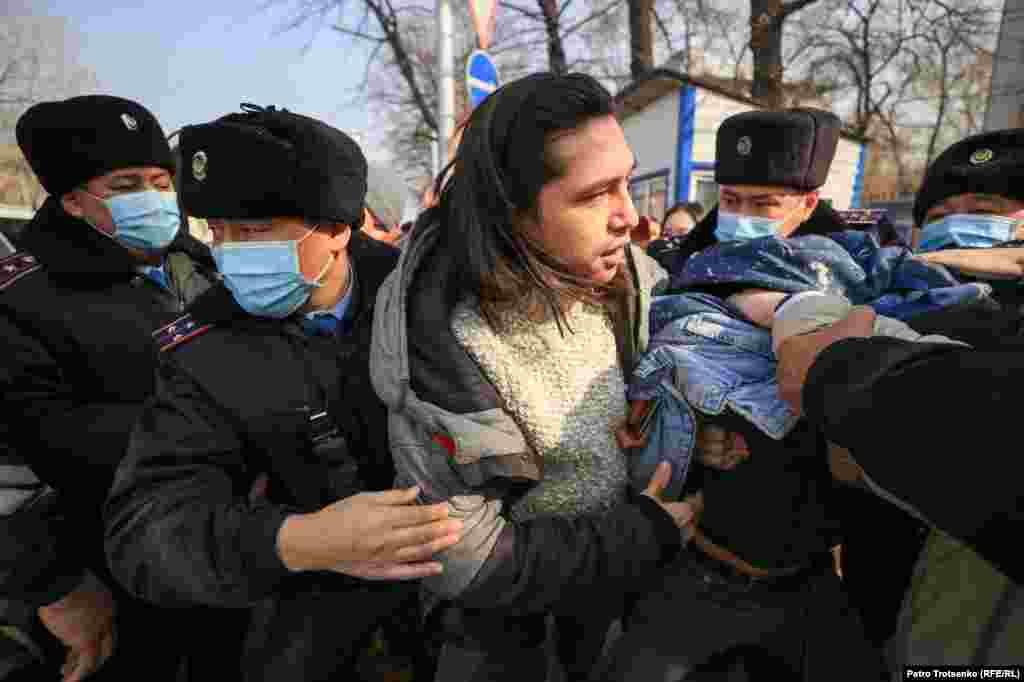 Kazakh police detain activists protesting against Russia&#39;s military operation in Ukraine, in Almaty on February 24.&nbsp;