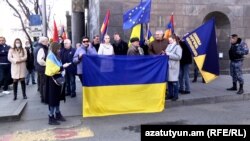 Armenia - An anti-war demonstration outside the Russian Embassy in Yerevan, February 24, 2022.