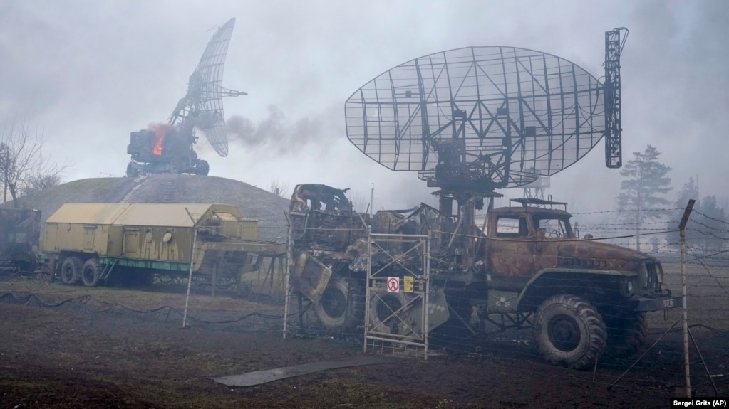 Damaged radar arrays and other equipment is seen at a Ukrainian military facility outside Mariupol on February 24.