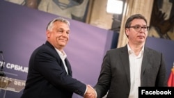 Aleksandar Vučić szerb államfő Orbán Viktor miniszterelnökkel 2020. május 15-én Belgrádban