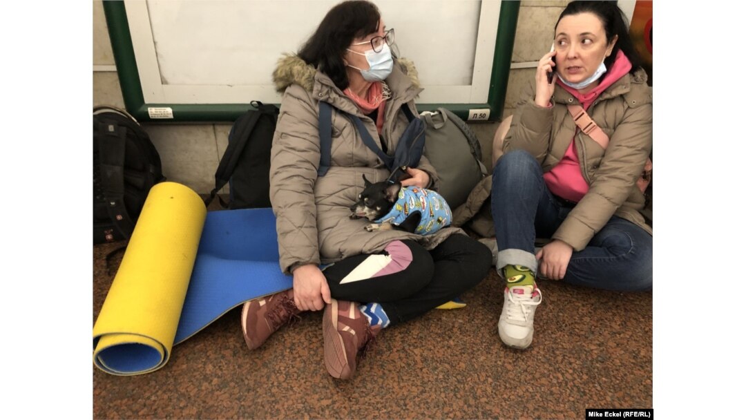 Yekaterina (right), 42, her 64-year-old mother Viktoriya, and their chihuahua, Lucas, were among thousands of Kyiv residents who fled underground.
