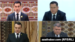 Թուրքմենստանի նախագահության թեկնածուներ վերևի շարքում ձախից աջ Սերդար Բերդիմուխամեդովը և Աղաջան Բեկմուրադովը, ներքևի շարքում Բերդիմամեր Գուրբանովը և Պերհատ Բեգենովը, Աշգաբատ, 21 փետրվարի, 2022թ.