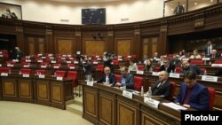 Armenia - Opposition deputies arrive for a scheduled session of the National Assembly boycotted and thwarted by its pro-government majority, Yerevan, February 23, 2022.