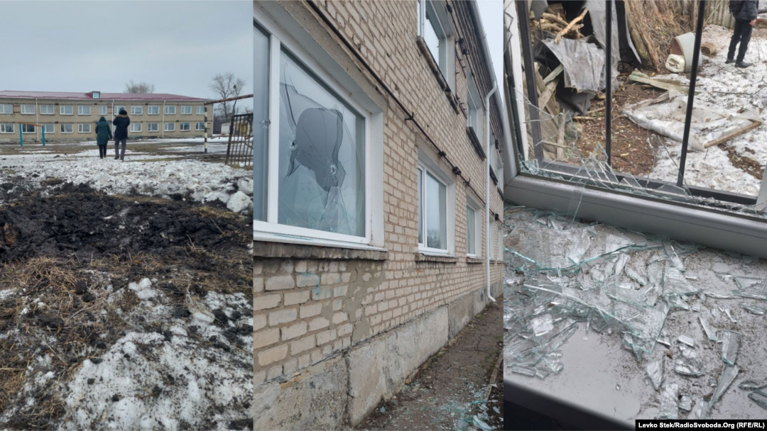 Врубовка. Школа. «Плакали, очень плакали. Реакции у детей разные, но очень, очень испугались», – говорит директор, показывая воронку во дворе. Артснаряд упал в 30-ти метрах от корпуса...