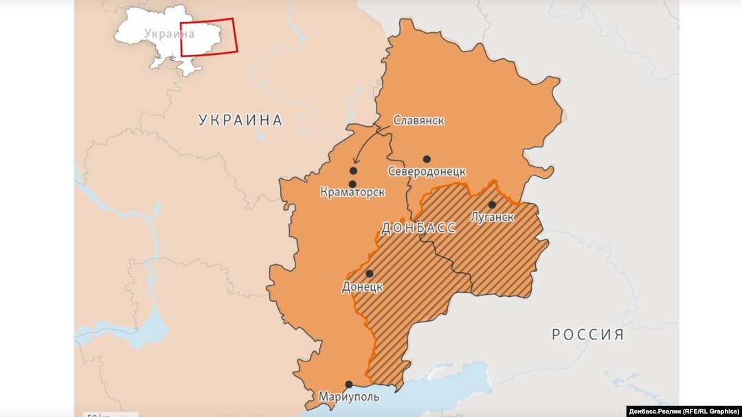 Саргылт түс Украинанын Донецк менен Луганск облустарынын аймагы. Сызык менен белгиленген жерлерди жикчилдер көзөмөлдөп турат, калганына Киев өзү ээлик кылат.