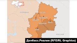 На карте оранжевым цветом окрашена территория Луганской и Донецкой областей. Заштрихованная ее часть - подконтрольна сепаратистам