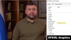 Metadatele dintr-un videoclip al liderului separatist Denis Pushilin publicat pe 18 februarie arată că filmarea a fost de fapt înregistrată cu două zile mai devreme.