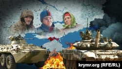 Колаж із зображенням військової техніки, мапи, та облич українців, що проживають біля адмінмежі з Кримом
