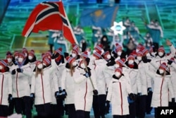 Норвегия делегациясы Пекин олимпиадасының ашылу салтанатында. 4 ақпан 2022 жыл.