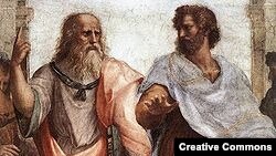 Фрагмент картины Рафаэля "Афинская школа": философы Платон и Аристотель
