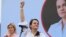 Svyatlana Tsikhanouskaya appears at a campaign rally in Minsk on July 19. 