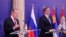 Russian Foreign Minister Sergei Lavrov (left) and Serbian President Aleksandar Vucic speak to reporters after meeting on June 18 in Belgrade.