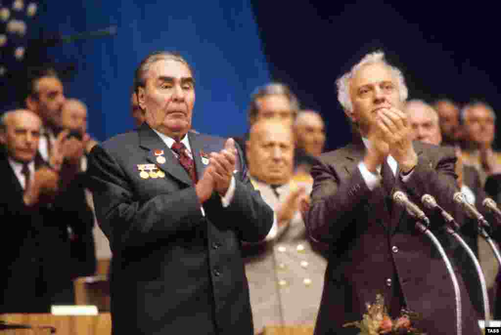 Soviet leader Leonid Brezhnev and Eduard Shevardnadze at a 1981 meeting in Tbilisi dedicated to the 60th anniverary of the establishment of the Georgian Soviet Socialist Republic.