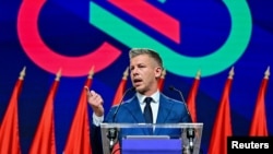 Peter Magyar holds a press conference in Budapest on April 13, a day after his Tisza party won parliamentary elections in Hungary. 