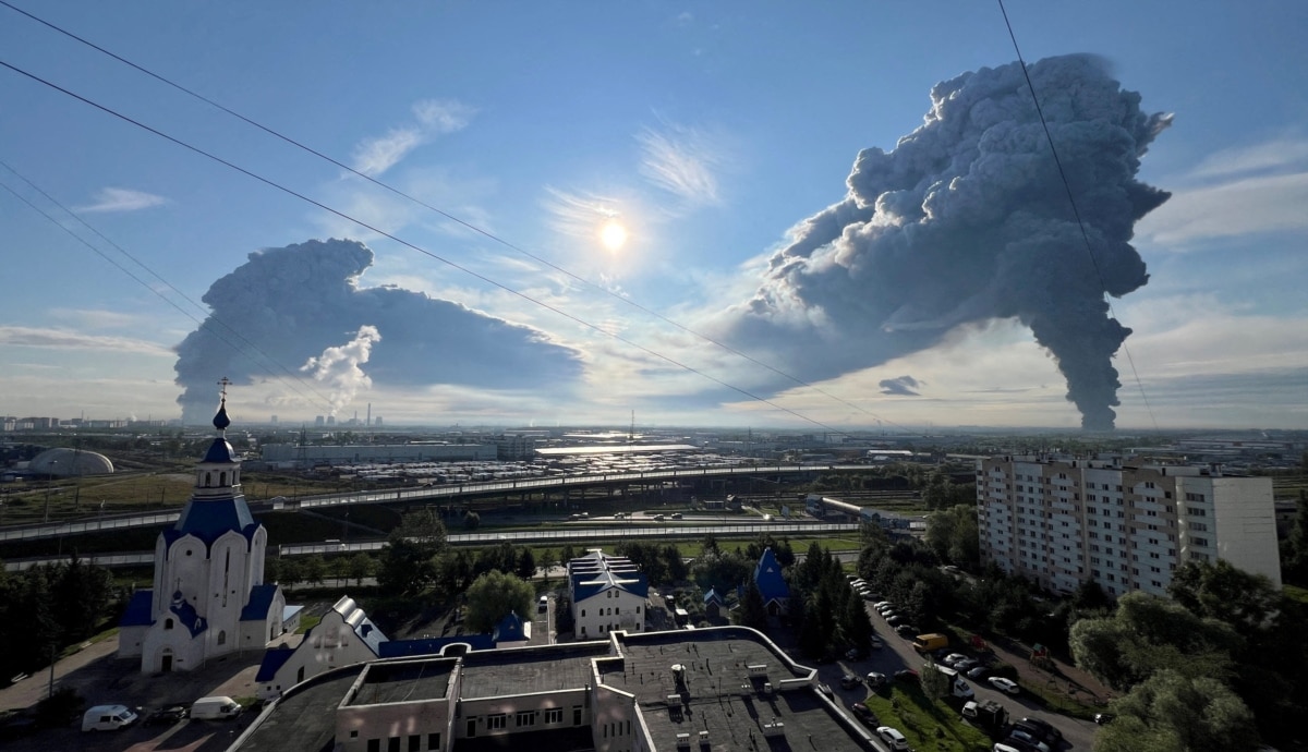 Smoke rises over Wildberries warehouses following a Ukrainian drone attack, according to local authorities, in St. Petersburg, Russia, July 24, 2026