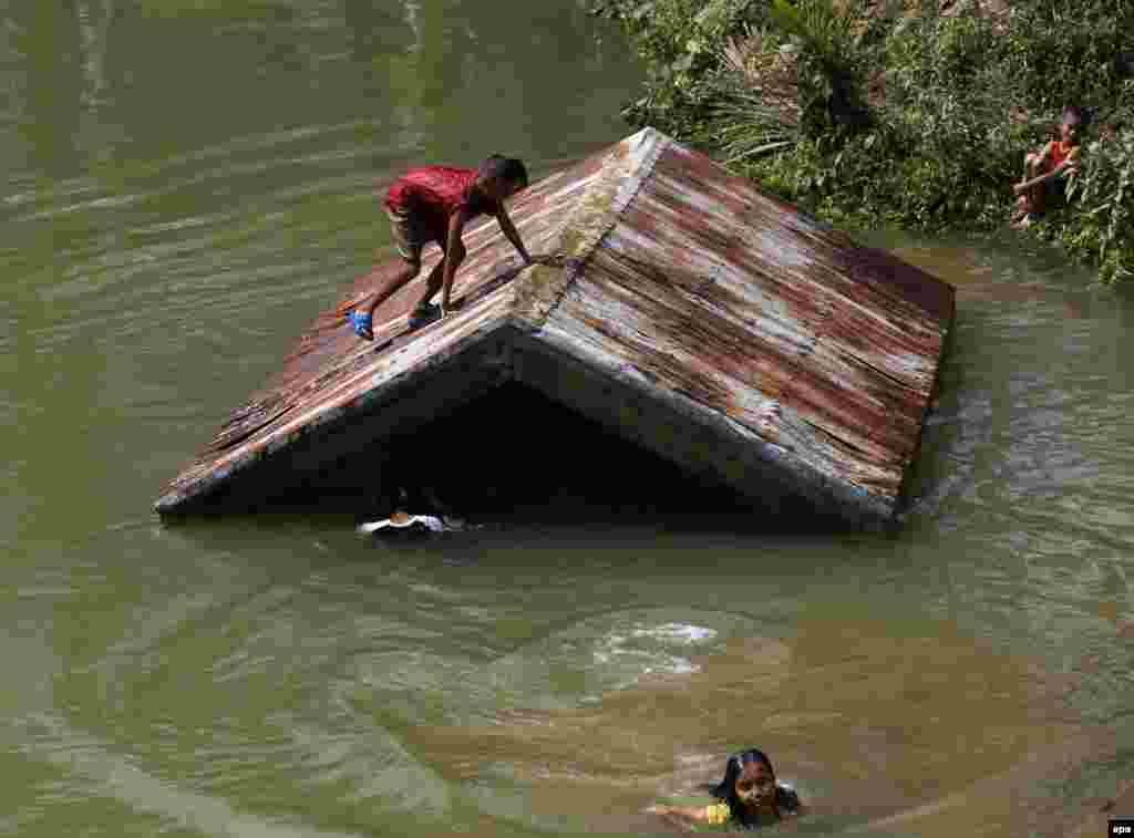 Young Filipino typhoon victims swim in a swelling river in the typhoon-hit town of Taft, Samar island, Philippines. Typhoon Hagupit killed at least 27 people and displaced more than 1 million people in the eastern and central provinces. (epa/Francis R. Malasig)