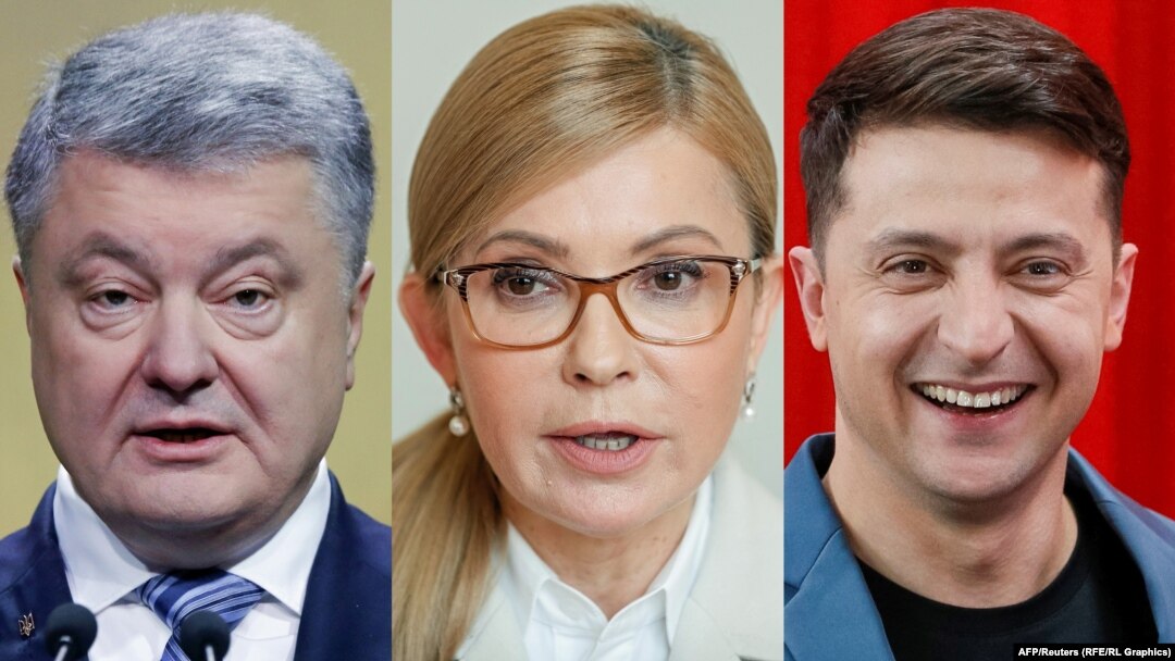 A combo photo shows presidential candidates Petro Poroshenko,Yulia Tymoshenko and Volodymyr Zelenskiy