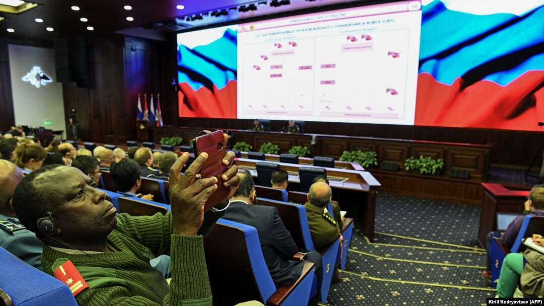 Foreign military representatives attend the briefing prior the military exercises Zapad-2017 in the Russian Defense Ministry headquarters in Moscow on August 29.