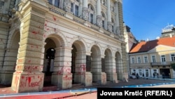 City Hall in Novi Sad is seen after rioting broke out during a protest on November 6 where protesters demanded accountability for the collapse of a concrete railway canopy that killed 14 people.