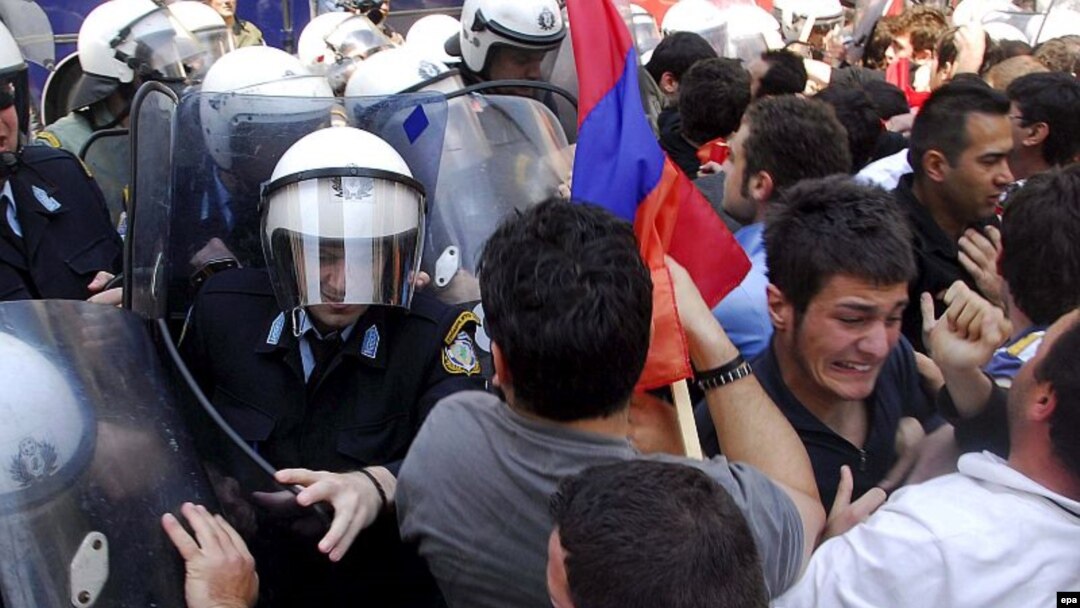 Divisive issue: Armenian activists clash with riot police during a demonstration outside the Turkish Consulate in Thessaloniki in 2007.