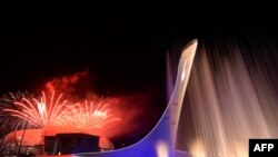 Russia -- Sochi - Fireworks explode behind the Olympic flame claudron after it was extinguished at the end of the Closing Ceremony of the Sochi Winter Olympics outside the Fisht Olympic Stadium on February 23, 2014. AFP PHOTO / YURI KADOBNOV