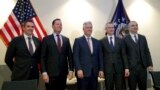 GERMANY -- (L-R) Milun Trivunac, Serbian State Secretary at Ministry of Economy, Richard Grenell, left, U.S. Ambassador to Germany, Robert C. O'Brien, U.S. National Security Advisor, Michael Knitter, Managing Director of Eurowings, and Eset Berisha, Direc