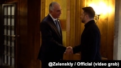 Ukrainian President Volodymyr Zelenskyy (right) shakes hands with Reza Pahlavi in Munich on February 13.