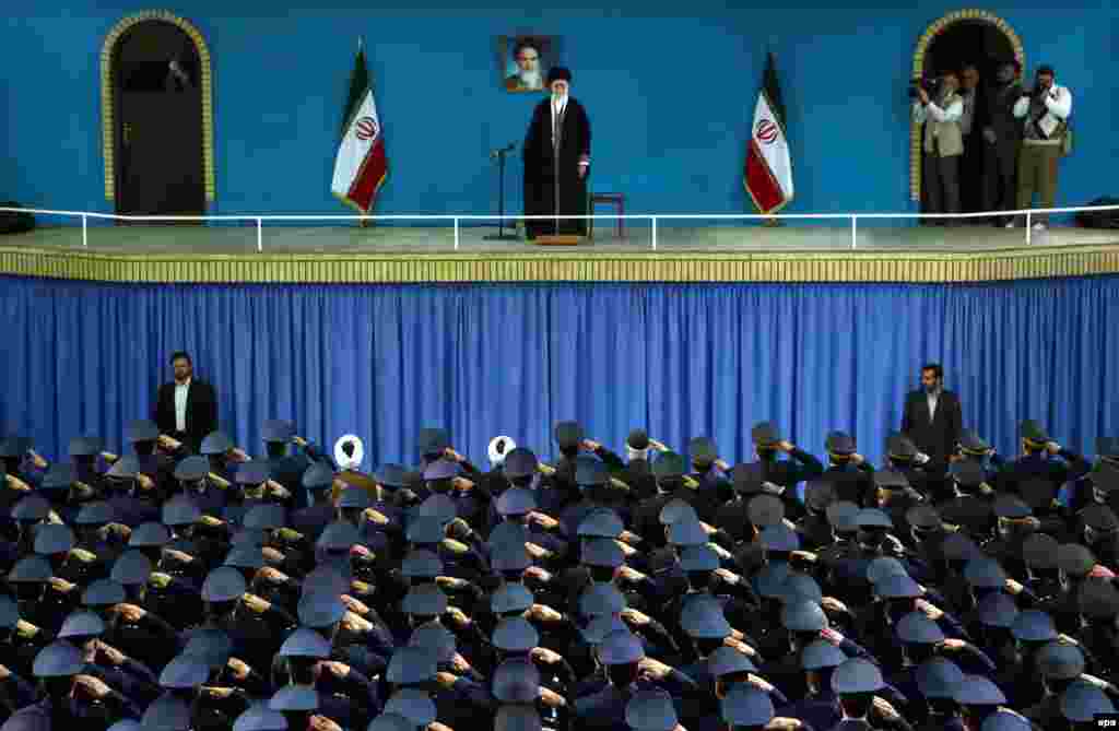 Iranian Air Force officers salute Iran&#39;s supreme leader Ayatollah Ali Khamenei during a ceremony in Tehran. (epa)