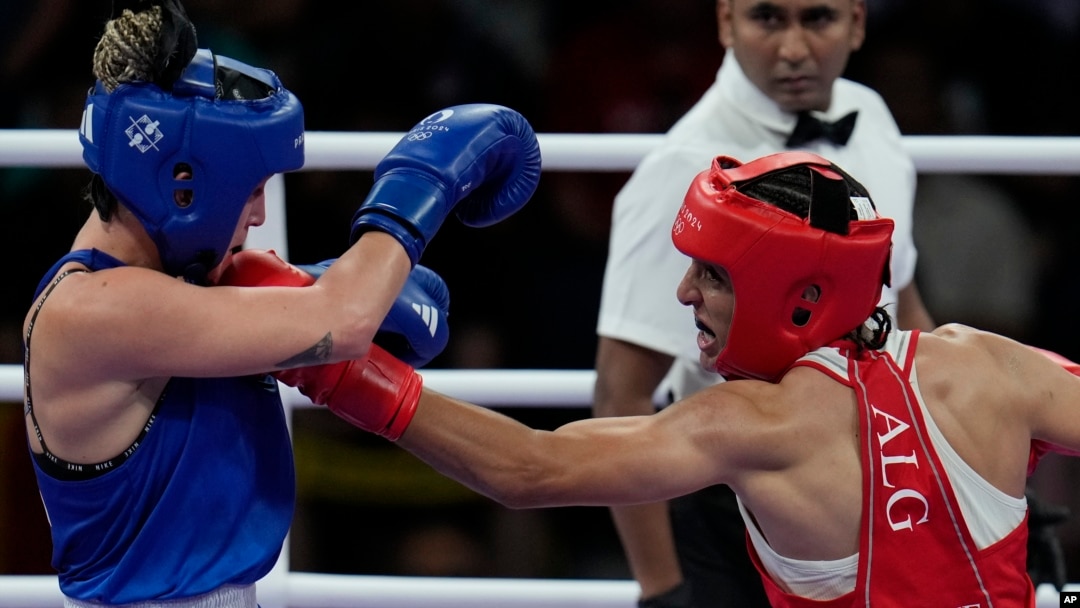 Algerian boxer Imane Khelif lands a left on Hungary's Luca Anna Hamori during their women's 66-kilogram quarterfinal women's boxing match at the Paris Olympics on August 3. 