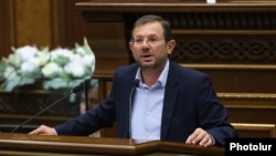 Armenia - Oppositon deputy Gegham Manukian speaks during a session of the parliament, October 17, 2024.