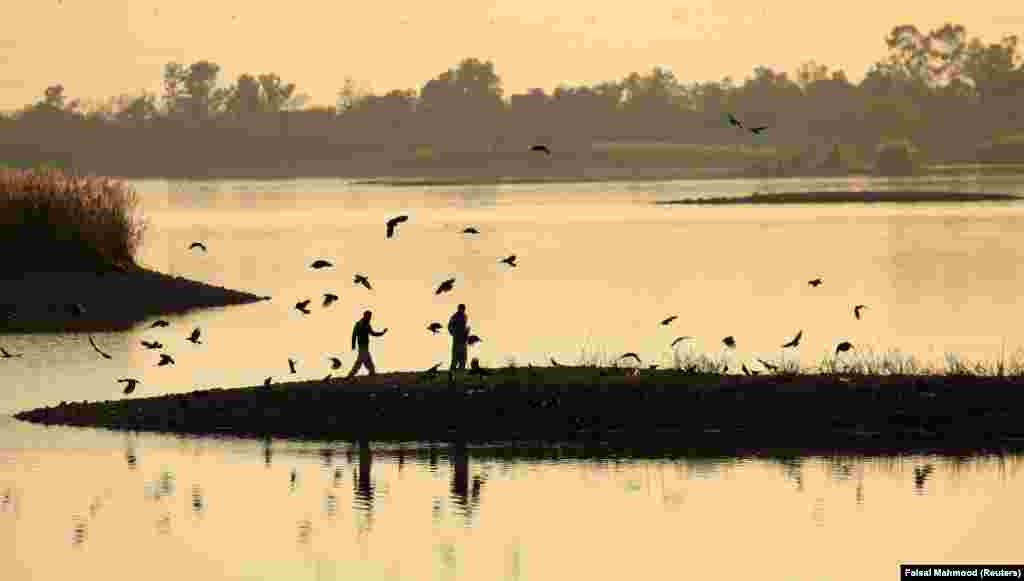 Men feed crows on the banks of Rawal Lake in Islamabad, Pakistan. (Reuters/Faisal Mahmood)