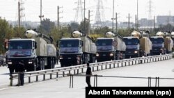 Iranian long range missiles are displayed during the annual military parade marking the Iraqi invasion in 1980, in Tehran, Iran, 22 September 2017