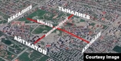 "Манас" университетин аралап өтүүчү Миңжылкыев жана Бакаев көчөлөрүнүн эскизи. "Азаттыктын" тасмасынан скриншот.