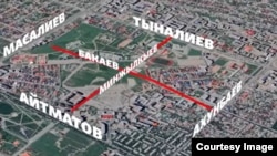 "Манас" университетин аралап өтүүчү Миңжылкыев жана Бакаев көчөлөрүнүн эскизи. "Азаттыктын" тасмасынан скриншот. 