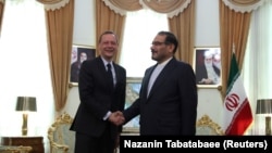 France's top diplomat Emmanuel Bonne shakes hands with Ali Shamkhani, the Secretary of the Supreme National Security Council of Iran in Tehran, Iran July 10, 2019