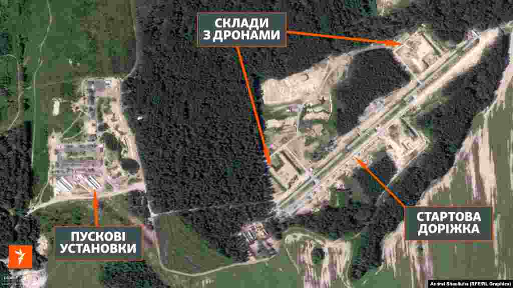 Супутникові знімки комплексу для запуску БпЛА поблизу російського села Навля, за 127 кілометрів від білоруського кордону. Зображення Planet Labs, зроблені 10 серпня 2023 року та 1 червня 2026 року