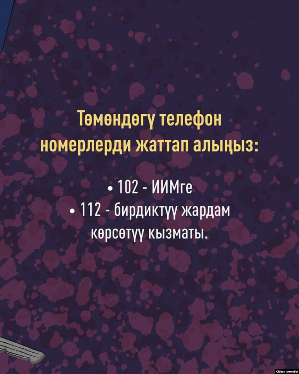 Адистер 112 же 102 номуруна зомбулукка кабылган аялдар гана эмес, кыз-келиндер кордолгон окуядан кабардар бардык адамдар кайрылышы керектигин белгилешет.