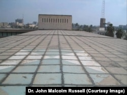 A faded blue shield seen on the rooftop of the Iraq National Museum in Baghdad which was painted before the 2003 US invasion.